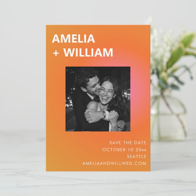 Reserva La Fecha Modern Summer Orange Pink Wedding Photo (Anverso de pie)