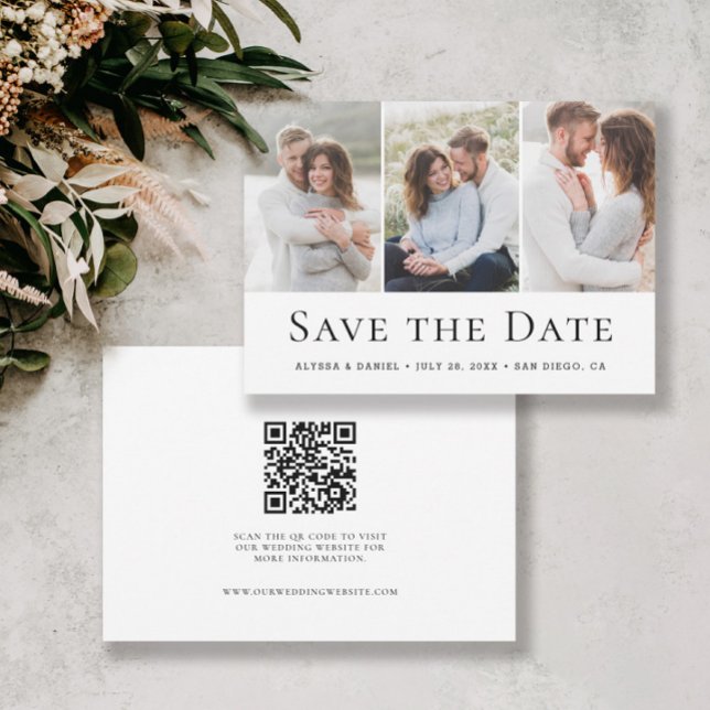 Reserva La Fecha Modern Three Photo Wedding website QR Code  (Custom 3 photo simple, minimalist, modern save the date QR code wedding website card.)