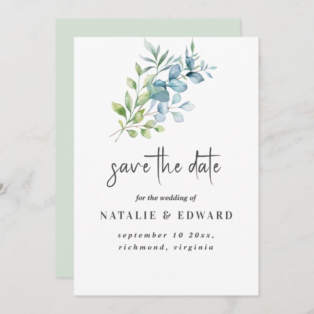 Reserva La Fecha Modern Watercolor Eucalyptus Greenery Wedding (Anverso / Reverso)