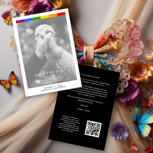 Reserva La Fecha Modern Wedding Editorial LGBTQ+ Pride Photo (Minimalist Black and White LGBTQ+ Marriage Announcement with Custom QR Code.)