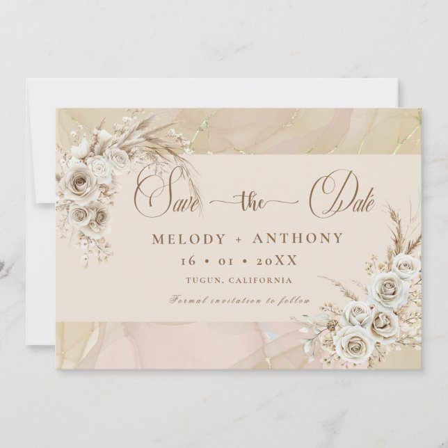 Reserva La Fecha Modern White Boho Floral Wedding Save The Date Car (Anverso)