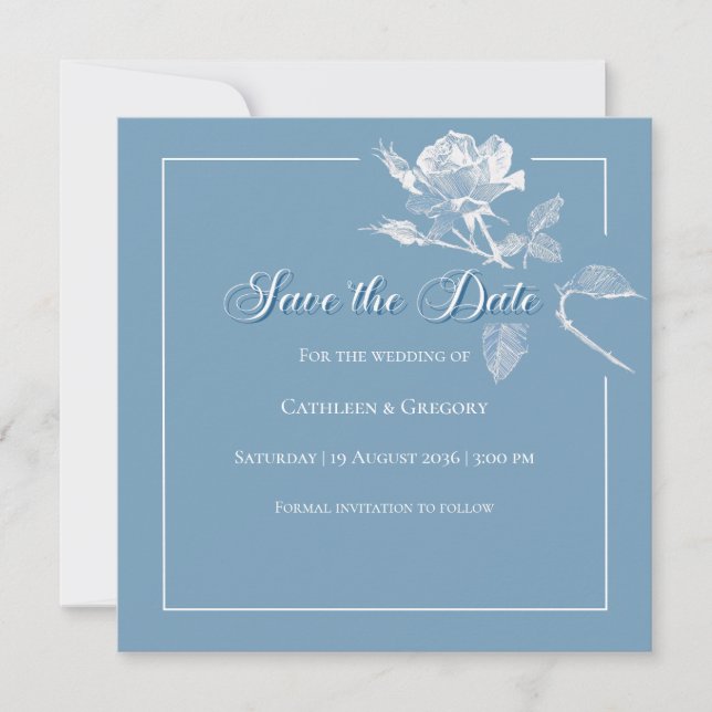 Reserva La Fecha Modern White Roses Dusty Blue Floral Wedding  (Anverso)