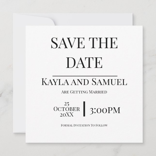 Reserva La Fecha Modern White Save The Date Card with Black Text (Anverso)