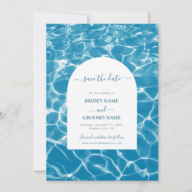 Reserva La Fecha Moderna acuarela Blue Ocean Beach Wedding (Anverso)