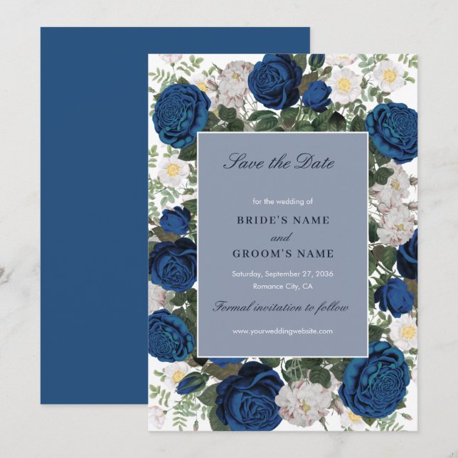Reserva La Fecha Moderna acuarela floral azul elegante matrimonio (Anverso / Reverso)