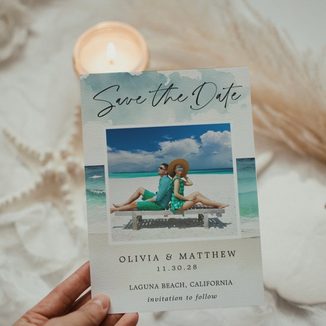 Reserva La Fecha Moderna acuarela Ocean Beach Dos Fotos (Subido por el creador)