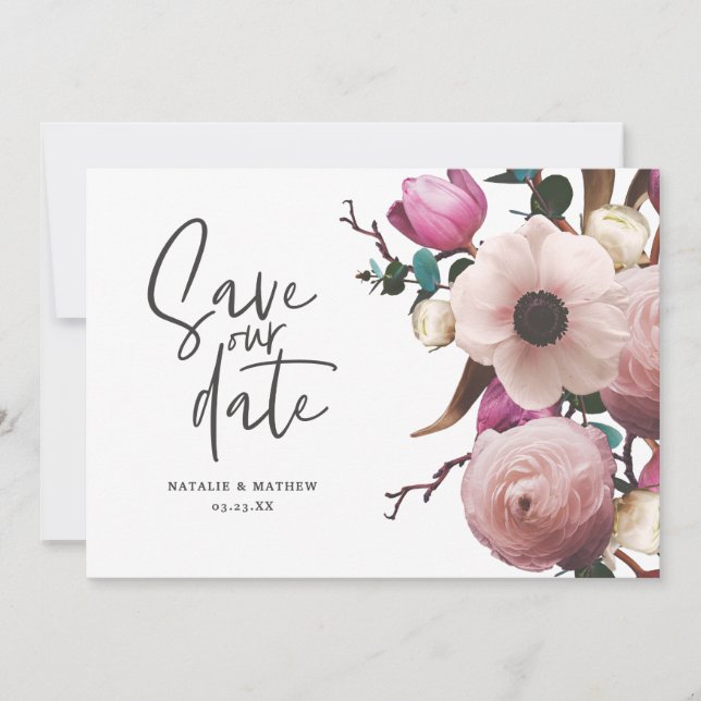 Reserva La Fecha Moderna boda floral fotográfica ahorrar la fecha (Anverso)
