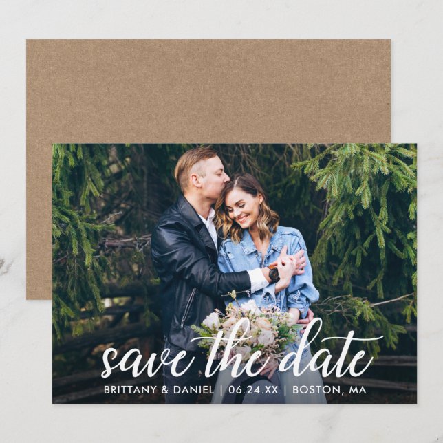 Reserva La Fecha Moderna caligrafía Boda de fotografía en pareja Kr (Anverso / Reverso)