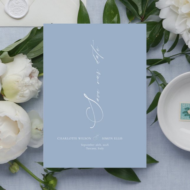 Reserva La Fecha Moderna caligrafía de daneses Boda azul turbio (elegant script dusty blue wedding invitation card, dainty blue wedding save date card, timeless )