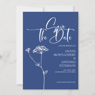 Reserva La Fecha Moderna caligrafía Minimalista Boda de cobalto