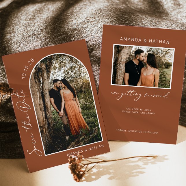 Reserva La Fecha Moderna foto de Arco Boho Boda Terracotta (terracotta fall wedding save the date)