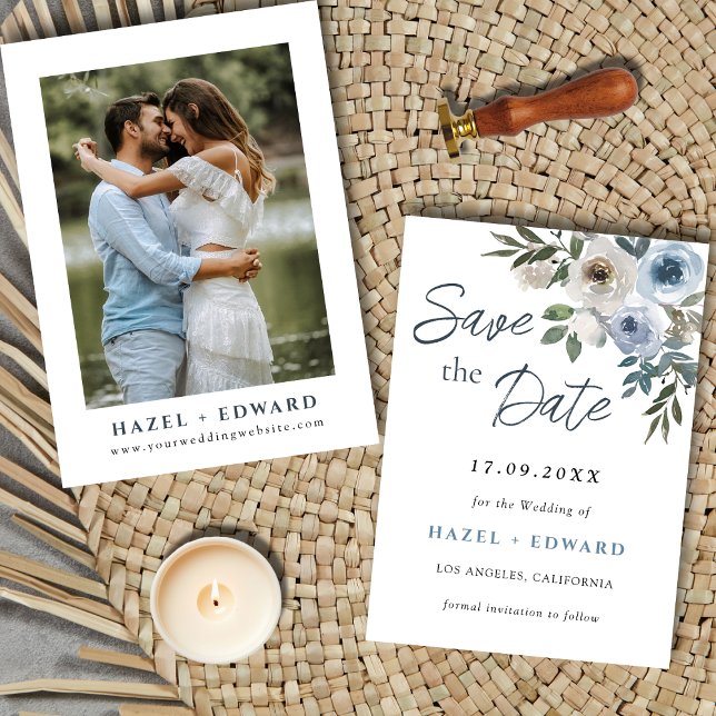 Reserva La Fecha Moderna Y Dusty Blue Photo Wedding Guardar La Tarj (Modern Dusty Blue Photo Wedding Save The Date Card)