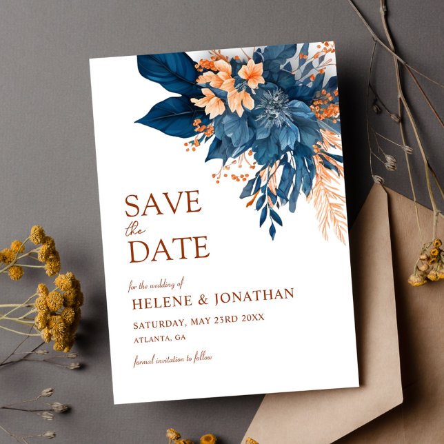 Reserva La Fecha Moderna y elegante Boda Jardín Botánico Índigo (Modern Elegant Botanical Indigo Garden Wedding Save The Date)
