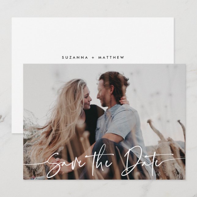 Reserva La Fecha Moderna y elegante caligrafía blanca Boda superpue (Anverso / Reverso)