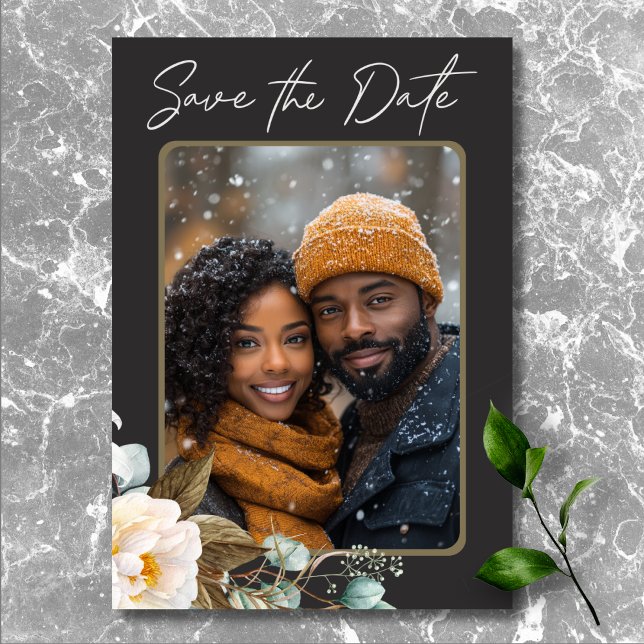 Reserva La Fecha Moderna y elegante foto de Boda negro de personaje (Modern Elegant White Peonies Black Wedding Photo Save The Date)