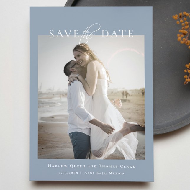 Reserva La Fecha Moderna y elegante foto Dusty Blue (Modern Elegant Photo Dusty Blue Save The Date)