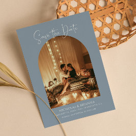 Reserva La Fecha Moderno Arco Azul Dusty Foto Boho Boda Monograma