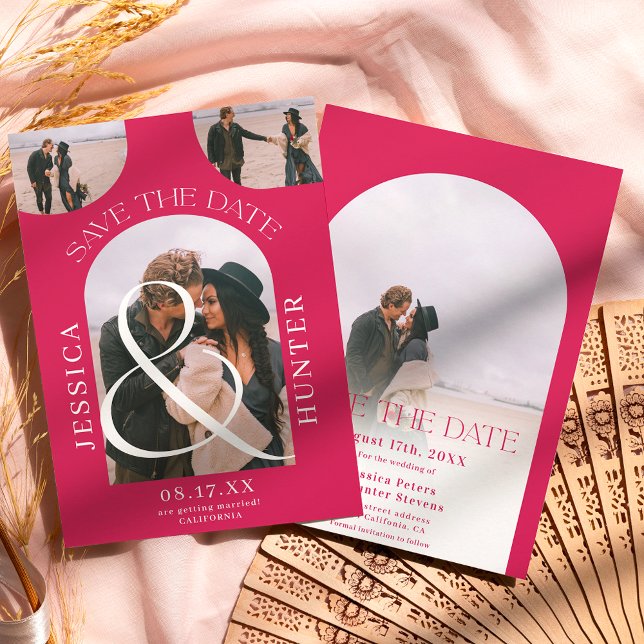 Reserva La Fecha Moderno arco boho 4 fotos boda magenta (Subido por el creador)