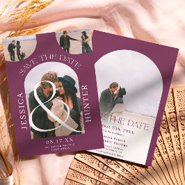 Reserva La Fecha Moderno arco de boho 4 fotos boda púrpura