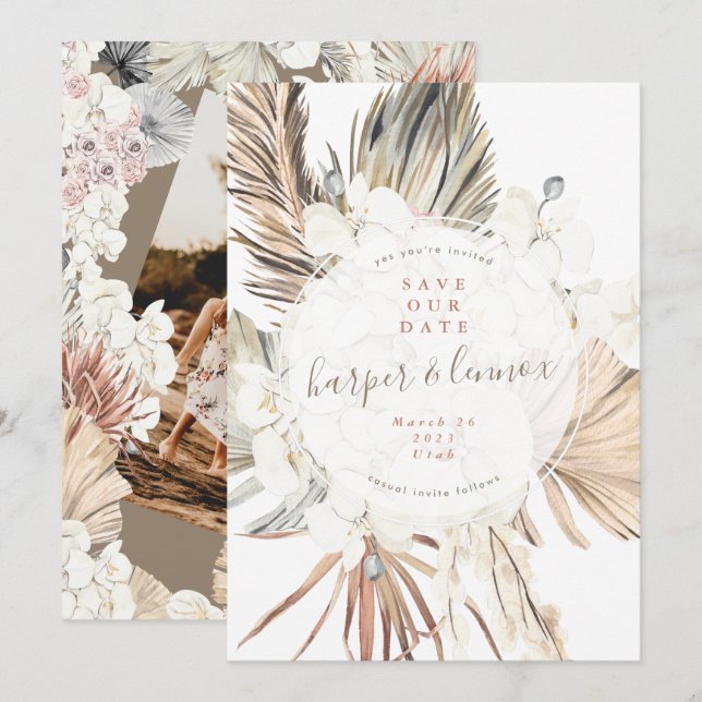 Reserva La Fecha Moderno Arco De Verano De Playa Pampas Boho Ahorra (Anverso / Reverso)