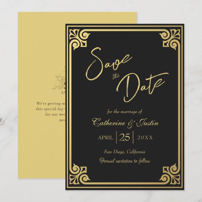Reserva La Fecha Moderno Art Deco Oro Negro Peacock Boda (Anverso / Reverso)