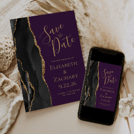 Reserva La Fecha Moderno Black Gold Agate Purple Save the Date Card