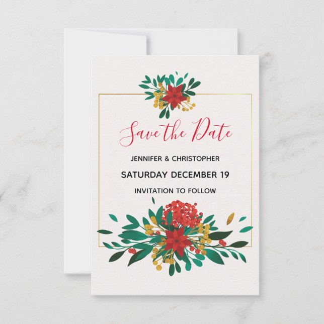 Reserva La Fecha Moderno Boda de Bouquet de Navidades de Oro y Verd (Anverso)