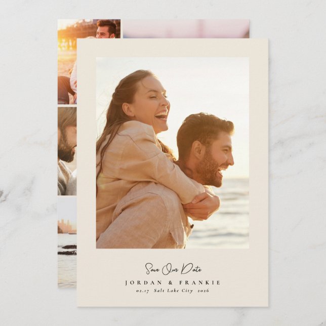 Reserva La Fecha moderno boda de caligrafía de guión de 5 fotografí (Anverso / Reverso)