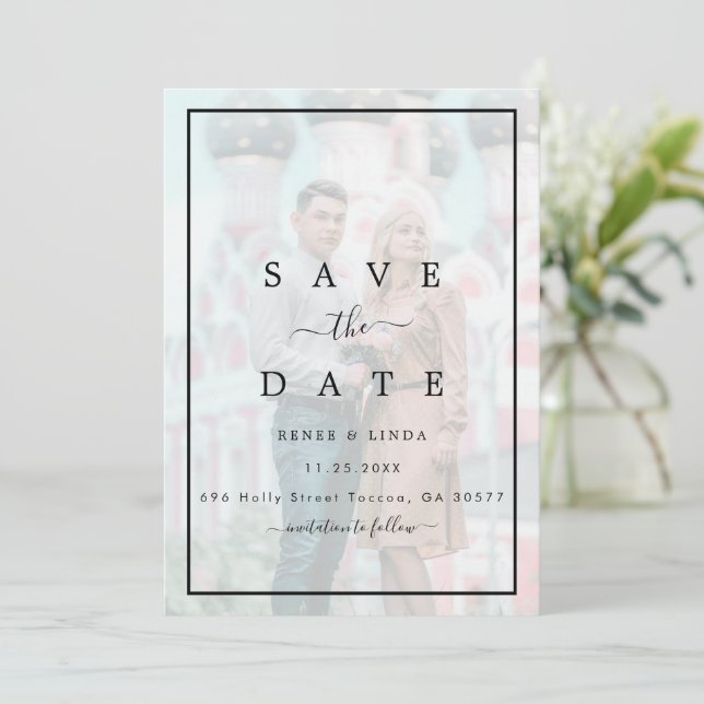 Reserva La Fecha Moderno Boda de fotografía elegante de Faux Vellum (Anverso de pie)