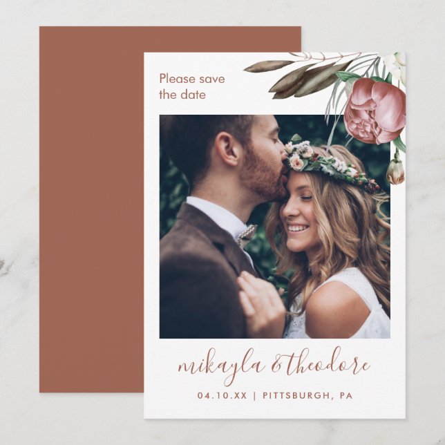 Reserva La Fecha Moderno Boda de fotografía floral de Terracotta Bo (Anverso / Reverso)