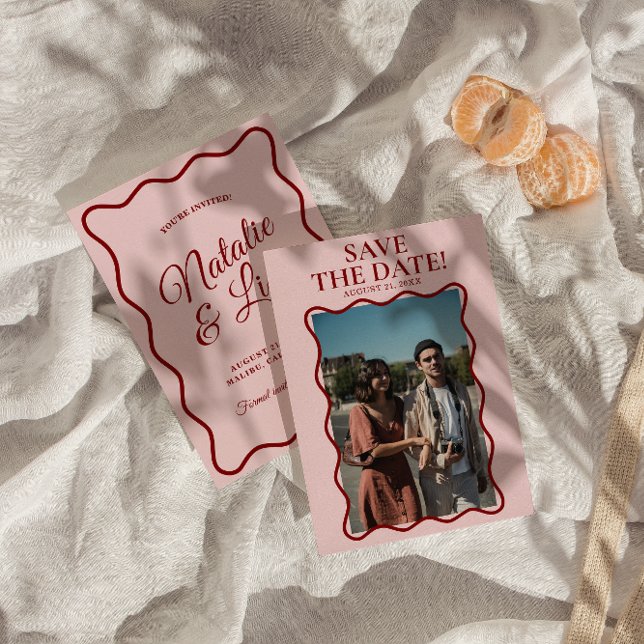 Reserva La Fecha Moderno Boda de fotografía retro rosa rojo brillan (Subido por el creador)