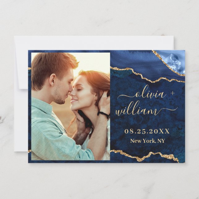 Reserva La Fecha Moderno Boda de fotografías de mármol azul de oro  (Anverso)