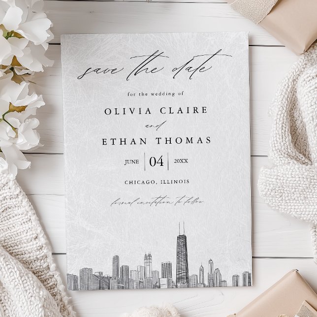 Reserva La Fecha Moderno Boda de Línea Aérea de Chicago en blanco y (Subido por el creador)