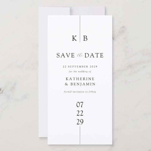 Reserva La Fecha Moderno Boda de Monograma Blanco Elegante (Anverso)