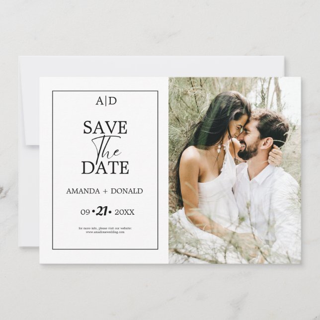 Reserva La Fecha Moderno Boda de Monograma Blanco y Negro Minimalis (Anverso)