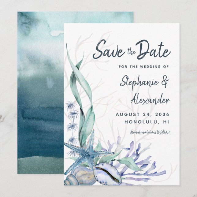 Reserva La Fecha Moderno Boda de playa acuarela Azul (Anverso / Reverso)