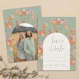 Reserva La Fecha Moderno Boda del arco de fotos verde de flor silve
