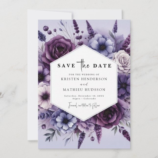 Reserva La Fecha Moderno Boda digital morado floral (Anverso)