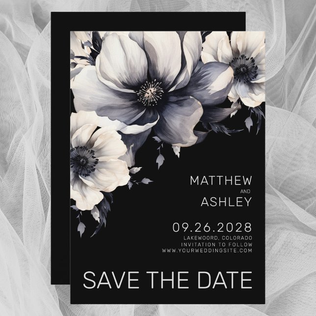 Reserva La Fecha Moderno Boda elegante de flor blanca negra (Modern Elegant Black White Floral Wedding Save the Date)