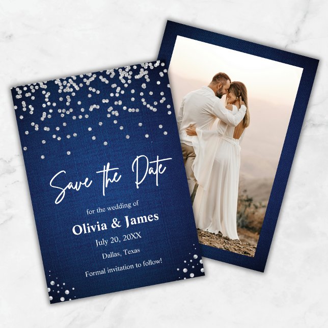 Reserva La Fecha Moderno Boda elegante de fotos de denim y diamante (Modern Elegant Denim and Diamonds Photo Wedding Save The Date Card )