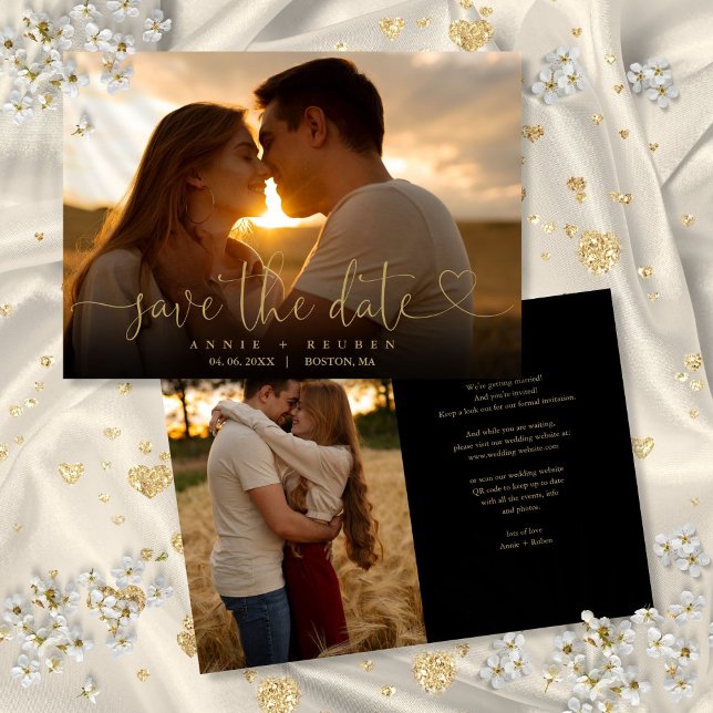 Reserva La Fecha Moderno Boda elegante de guiones de oro (Modern Elegant Gold Heart Script Photo Wedding Save The Date)