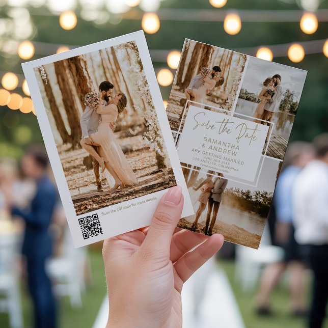 Reserva La Fecha Moderno Boda Mínimo De 4 Fotografías De Oro QR (Modern Minimal 4-Photo Gold QR Wedding Save The Date)