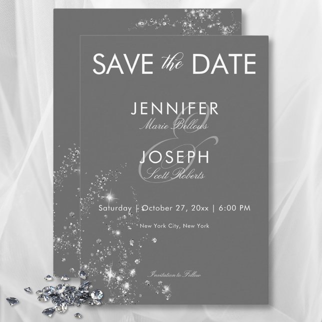 Reserva La Fecha Moderno Boda Mínimo Gris y Diamantes de Glam Blanc (Modern Minimal Gray & White Glam Diamonds Wedding Save The Date)