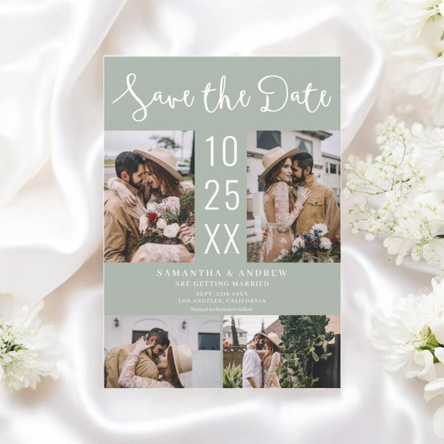 Reserva La Fecha Moderno Boda verde del sabio Boho 4-Photo (Modern Boho 4-Photo sage green Wedding Save The Date)