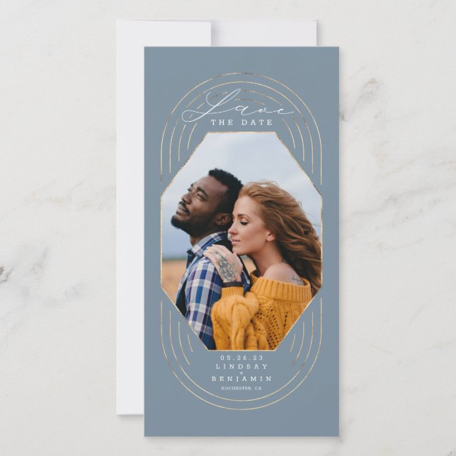 Reserva La Fecha Moderno Boho Dusty blue & Gold Save The Date Photo (Anverso)