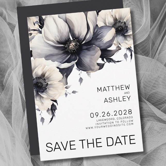 Reserva La Fecha Moderno Boho Elegante Boda Floral Blanco Negro (Modern Elegant Floral Black White Wedding Save the Date)