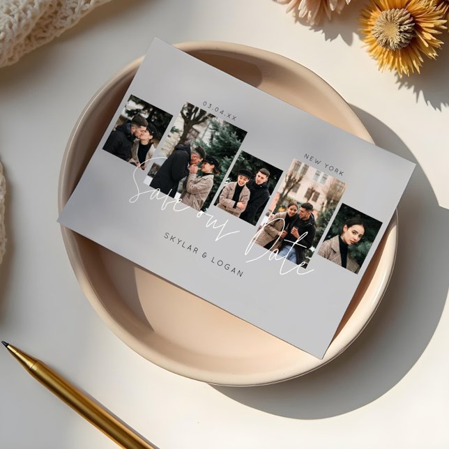 Reserva La Fecha Moderno Collage de fotos Typográfico Mínimo Gris (Modern Minimal Typographic Photo Collage Grey Save The Date)