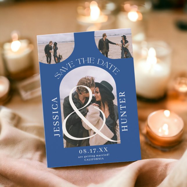 Reserva La Fecha Moderno estilo boho arco 4 fotos boda azul (Modern boho arch 4 photos wedding blue save the date)