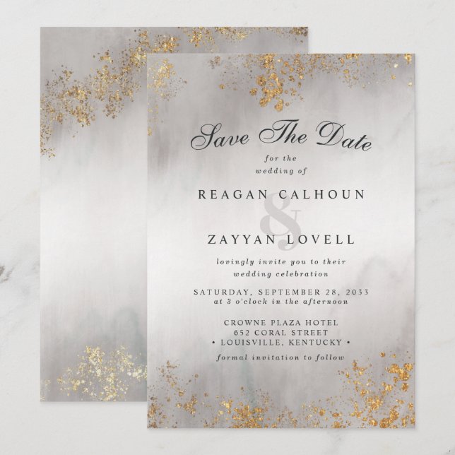 Reserva La Fecha Moderno Luxo Sabor Dorado Gris Niebla Guardar La F (Anverso / Reverso)