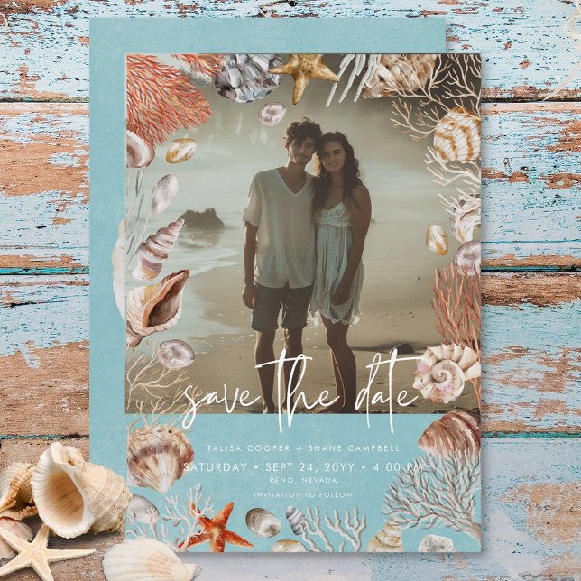 Reserva La Fecha Moderno marco de conchas marinas de playa foto Bod (Modern Beach Seashell Frame Photo Aqua Wedding Save The Date)